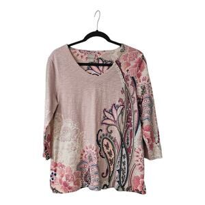 CHICO'S Womens M Top Shirt Pink Paisley Floral Cotton V-Neck 3/4 Sleeve